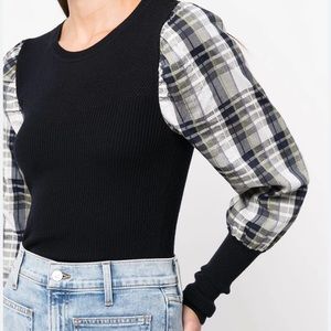 Veronica Beard wool and plaid sleeve sweater xs navy